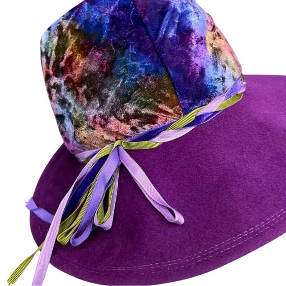 Vintage Gypsy Wizard Purple Wide Brim Hat Crushed Velvet Crown Ribbon Union Made - Picture 10 of 12